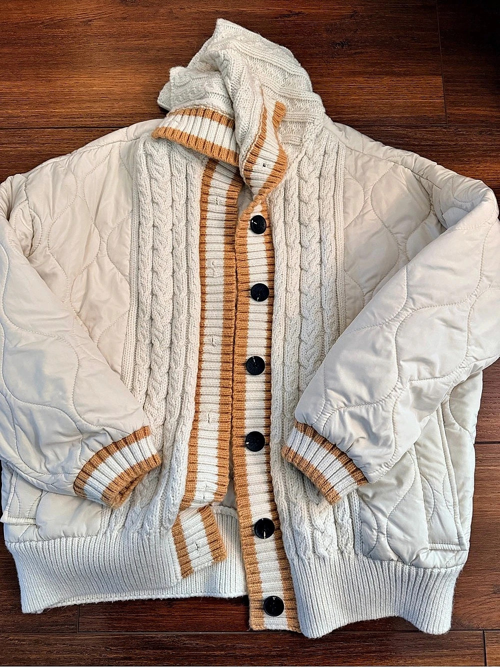 Avec Les Filles Quilted Cable Sweater Puffer Jacket WhiteLarge